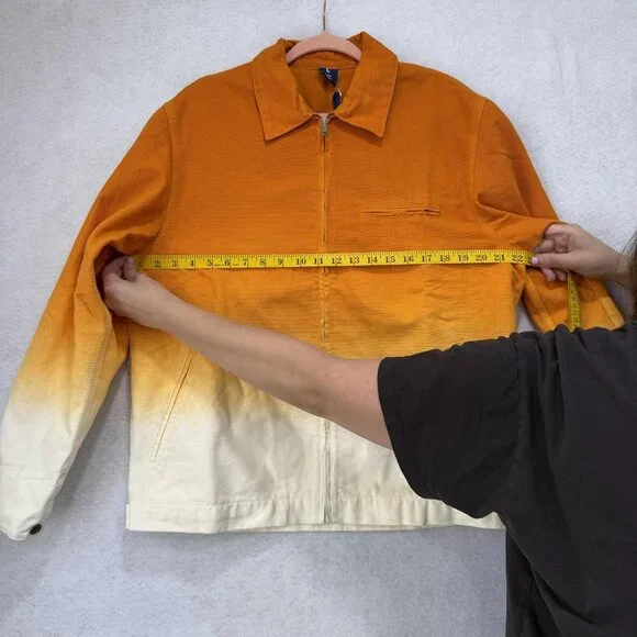 FLAN Jacket Mens Large Orange White Ombre Dip Dye Zip Front Work Chore Cotton
